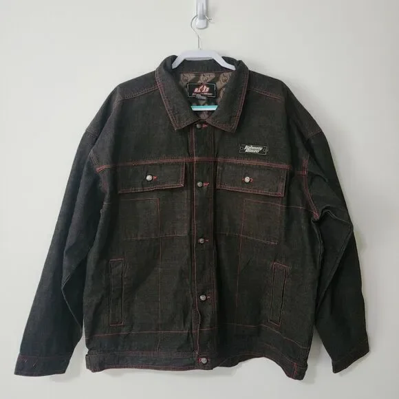 Johnny Blaze Y2K Mens Denim Jacket Brown Red Stitches Cotton Button-Up Logo 2XL - Picture 1 of 9